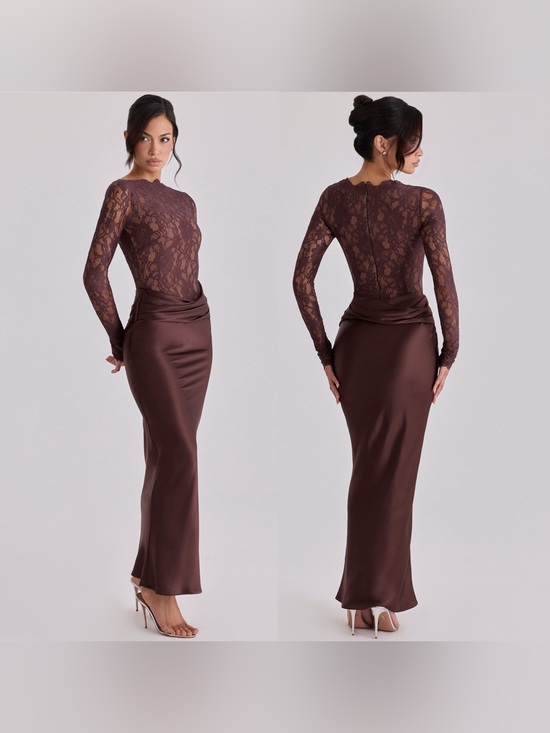 House of CB Dresses & Skirts - House of CB YASMEEN Espresso Brown Lace + Satin Draped Maxi Dress size L NWOT